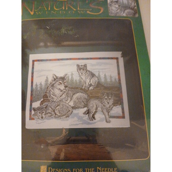 Crossstitch needle point wolf family wall art 11" x 16" - Picture 2 of 5